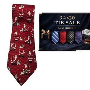 Lord & Taylor Santa Dogs Christmas 100% Silk Tie Red Holiday Novelty Vintage Y2K